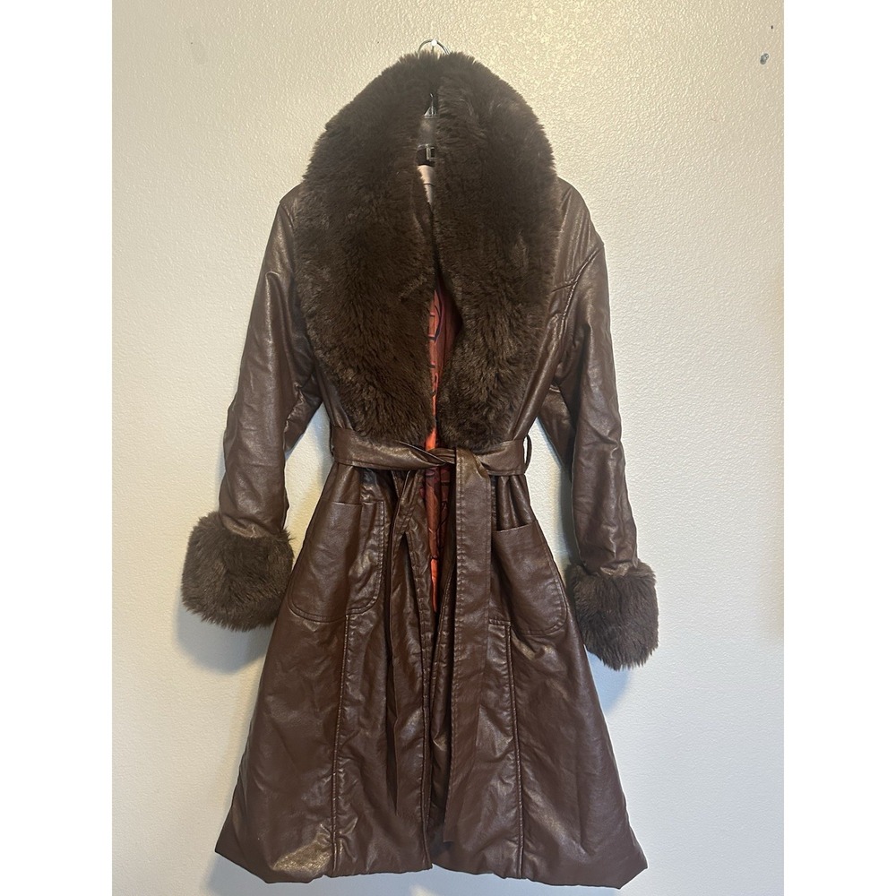 Anthropologie HUTCH Brown STEVIE Long Faux Leather Fur Trench Wrap Coat XS